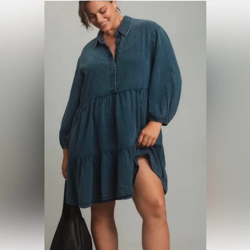 Anthropologie The Bettina Tiered Mini Shirt Dress Denim Button Pockets Blue - Picture 5 of 8